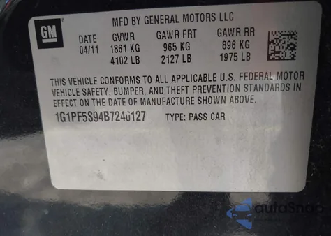 2011 Chevrolet Cruze 1Lt from USA, damaged, VIN 1G1PF5S94B7240127
